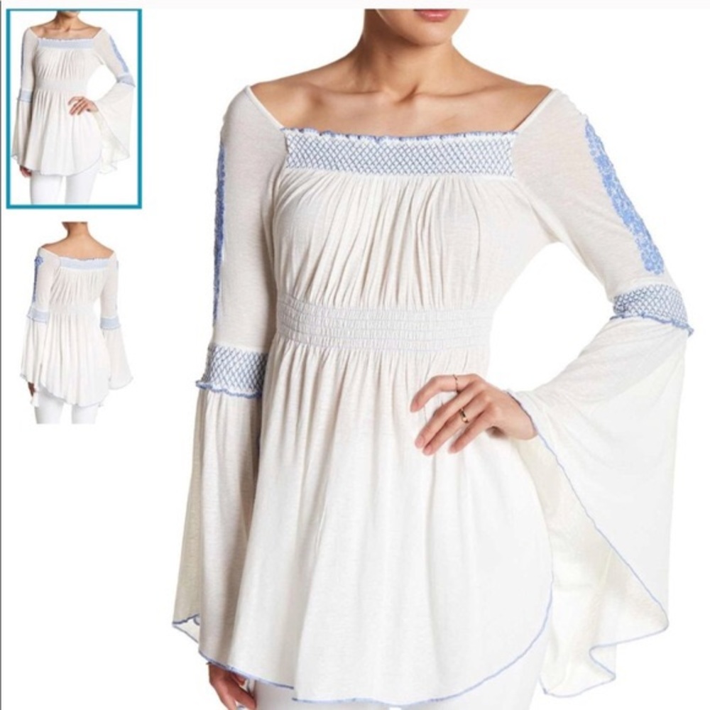 Free People Valley Embroidered Bell Sleeve Top